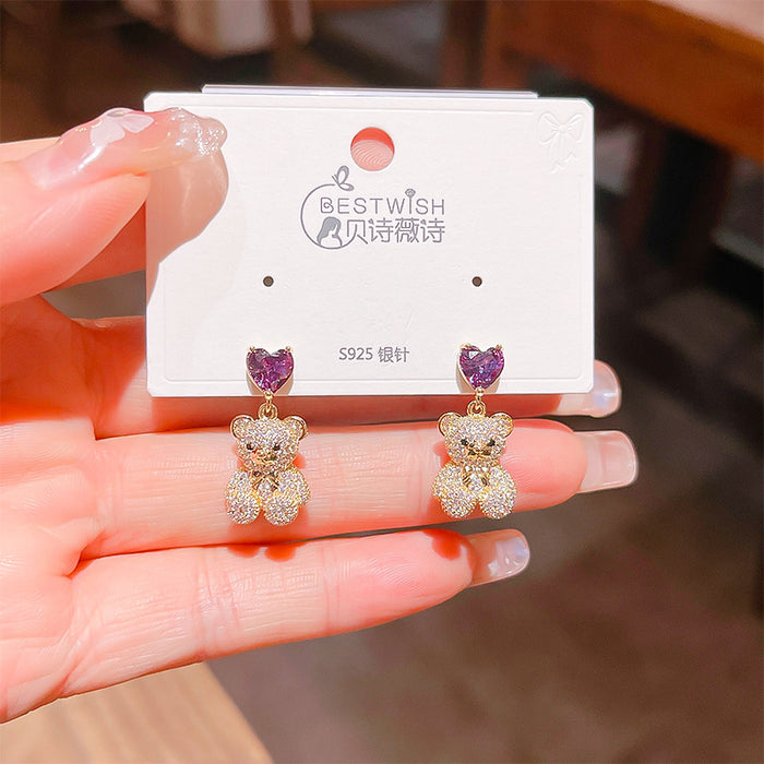 Wholesale Zircon Bear Love Earrings Silver Needle Cartoon Elegant Earrings New Earrings