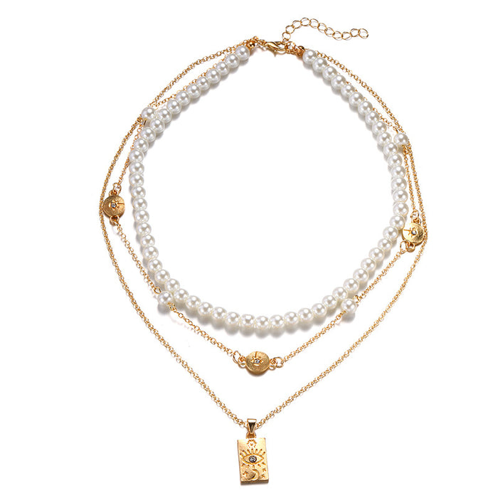 Wholesale New Fashion Pearl Chain Stacked Necklace Geometric Eye Pendant