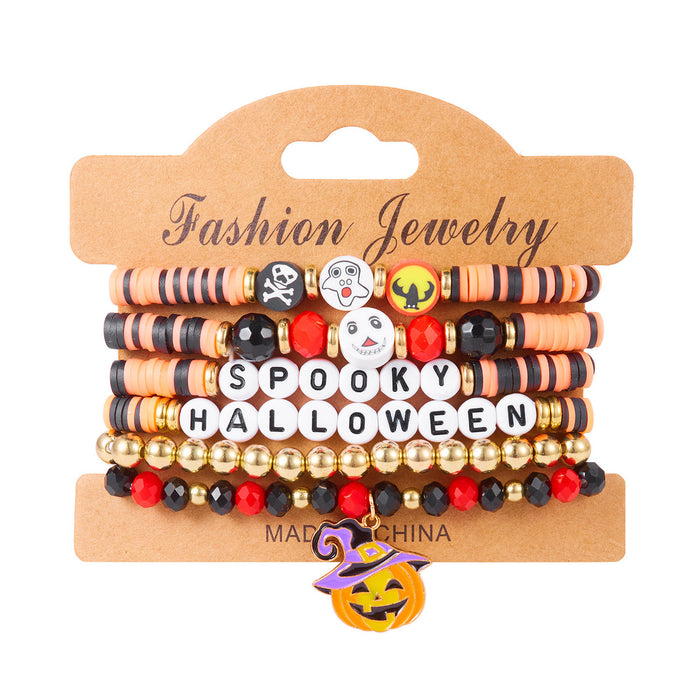 Wholesale All-match mixed color rice bead hand-dressed  pumpkin ghost bat soft ceramic crystal bracelet stacking set