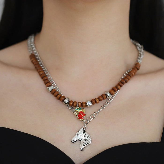 Wholesale Metal Chain Double-layer Stacked Horse Head Bell Pendant Women's Necklace