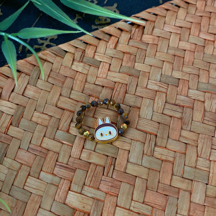 Wholesale Brown beaded ring retro niche tiger eye stone elastic rope ring cute unique ring