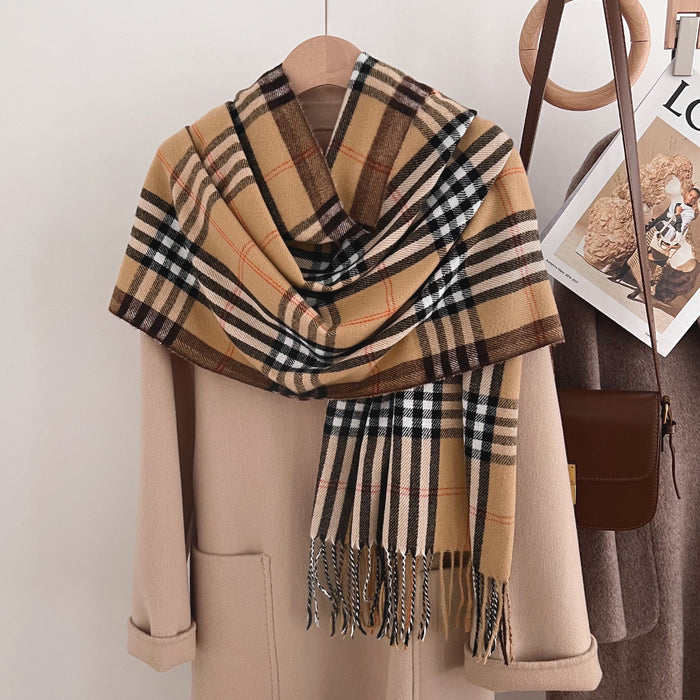 Wholesale  Winter Classic Plaid Faux Cashmere  Tassel Shawl
