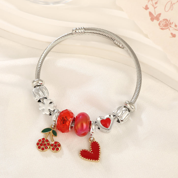 Wholesale Sweet Cherry Beaded Bracelet Stainless Steel Heart Jewelry MOQ≥2