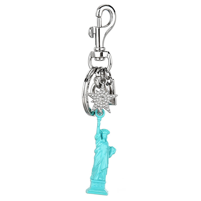 Wholesale Chic Statue Of Liberty Keychain Pendant Light Blue 3D Charm With Rhinestone Star Gold Tone Alloy Bag Accessory