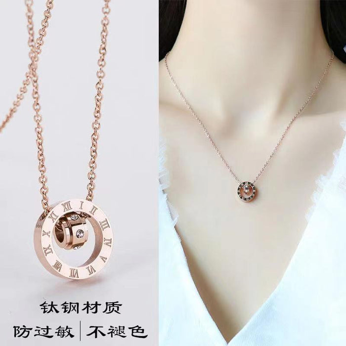 Wholesale 2pcs Titanium Steel Double Ring Diamond Pendant Necklace JDC-NE-XinLong011