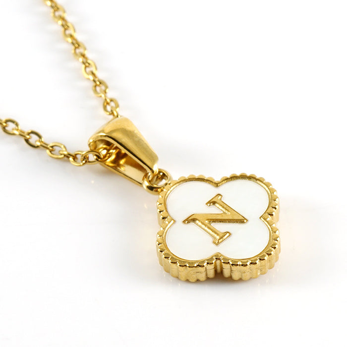 Wholesale Shell Letter Four Leaf Clover Pendant 18K Gold Stainless Steel Necklace JDC-NE-ZhongX005