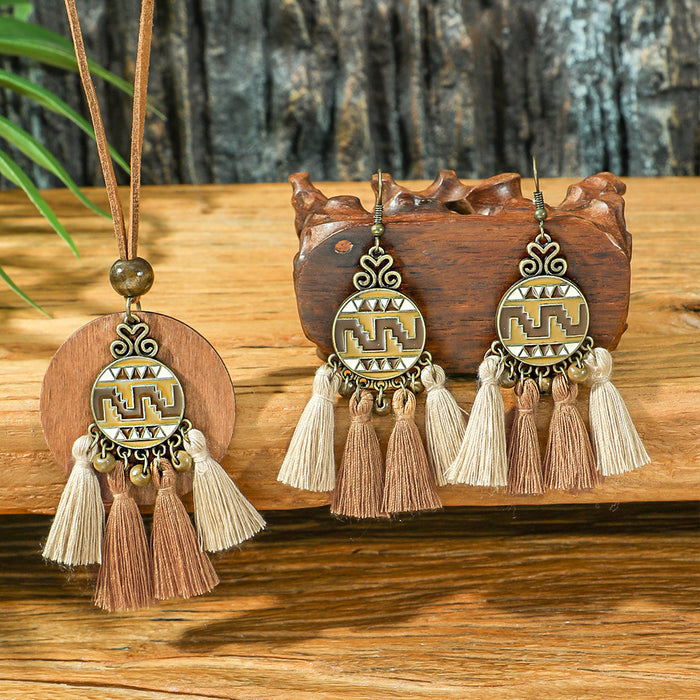 Wholesale Bohemian Handmade Tassel Earring and Necklace Set Alloy Geometric Circle Fashion MOQ≥2