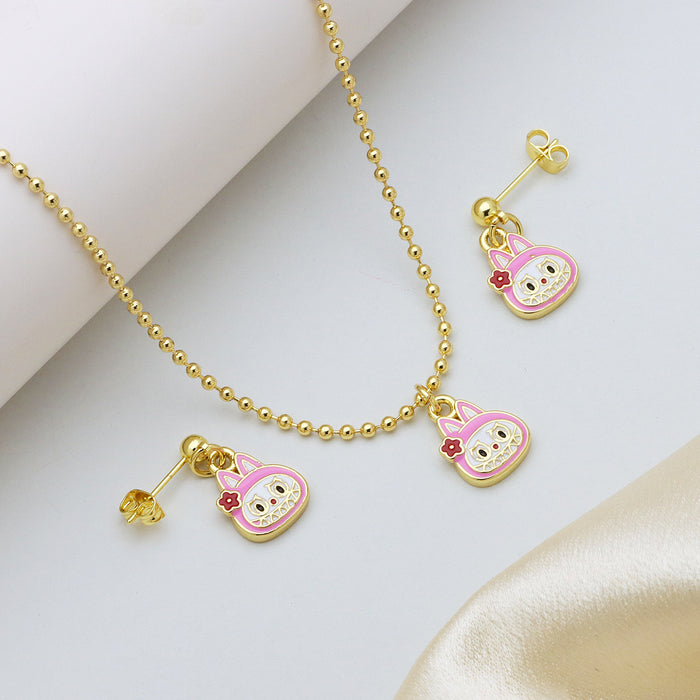 Wholesale Cartoon Pendant Necklace Ball Chain Brass Oil Drop Cute Earrings Lucky Cat Set