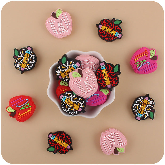 Wholesale Leopard Print Cartoon Apple Teacher Silicone Focal Beads JDC-BDS-GuangTian007