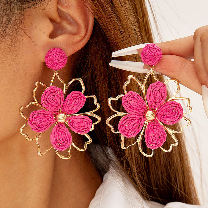 Wholesale Vacation Style Handmade Raffia Flower Earrings Red Jewelry Accessory MOQ≥5