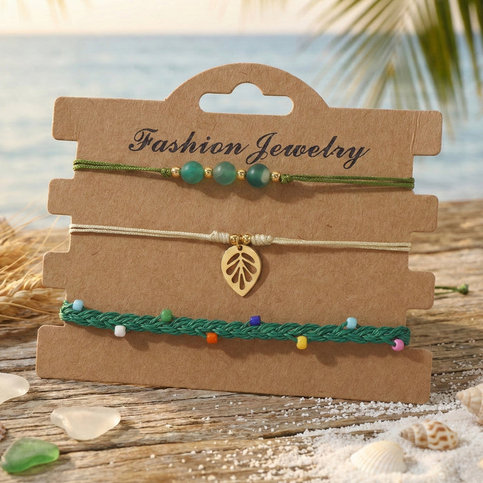 Wholesale Beach Vacation Style Wax Thread Bracelet With Multi Layer Green Natural Stone Beads And Leaf Pendant Everyday Fashion Accessory