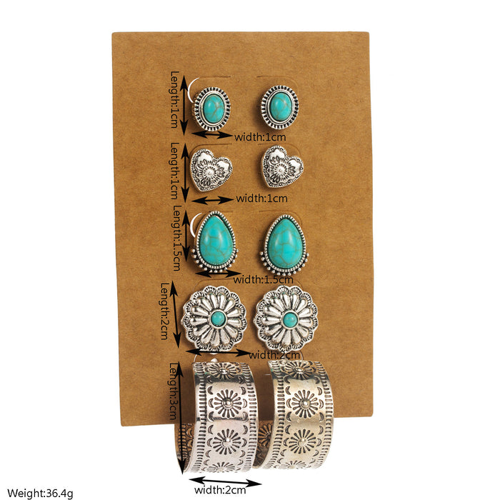 Wholesale 5 pairs of vintage turquoise flower heart geometric stud earrings