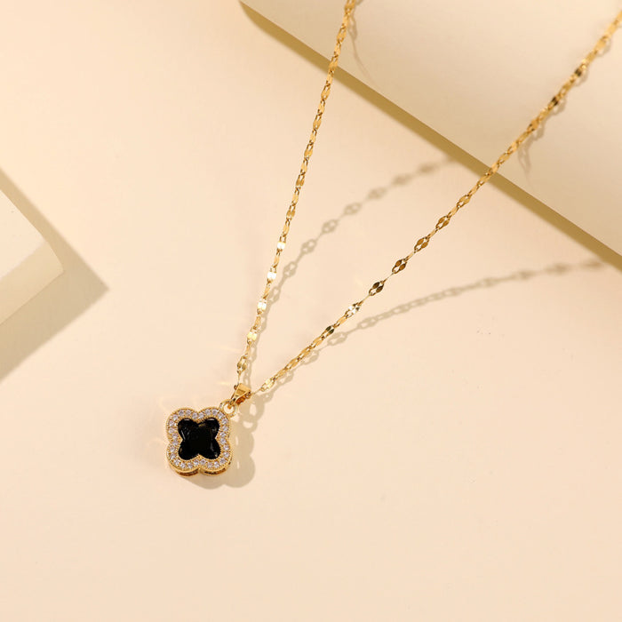 Wholesale Necklace Fashion Water Diamond Four Leaf Petal Titanium Steel Lock Chain Pendant Accessories