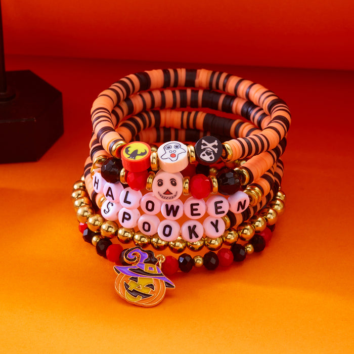 Wholesale All-match mixed color rice bead hand-dressed  pumpkin ghost bat soft ceramic crystal bracelet stacking set