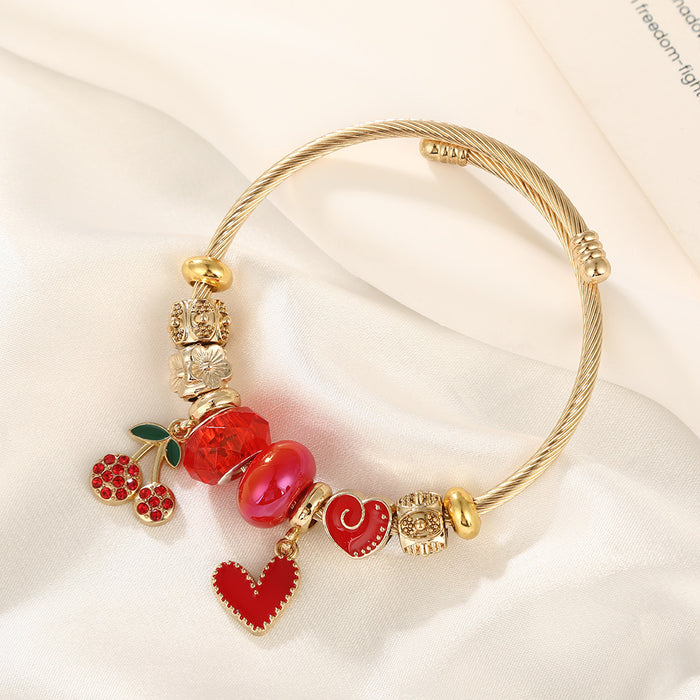 Wholesale Sweet Cherry Heart Bead Bracelet Women' s Stainless Steel Adjustable MOQ≥2