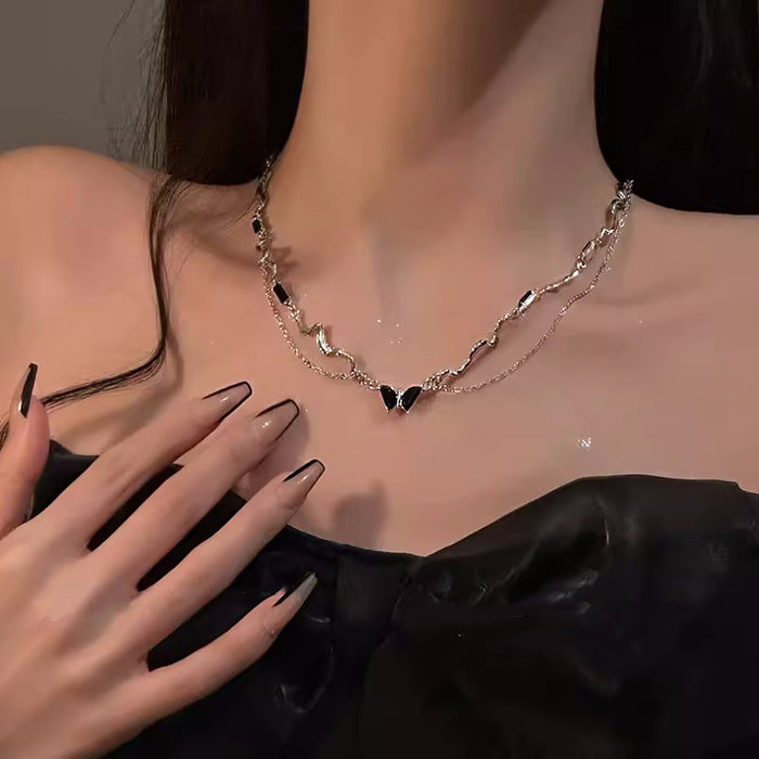 Wholesale Double layer black butterfly necklace collarbone chain, light luxury niche accessory sweater chain