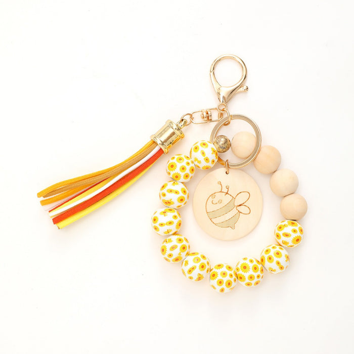 Wholesale Colorful Wooden Beads Bracelet Tassel Wood Keychain JDC-KC-RongRui039