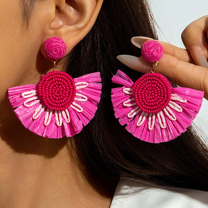 Wholesale Vacation Style Handmade Raffia Flower Earrings Red Jewelry Accessory MOQ≥5