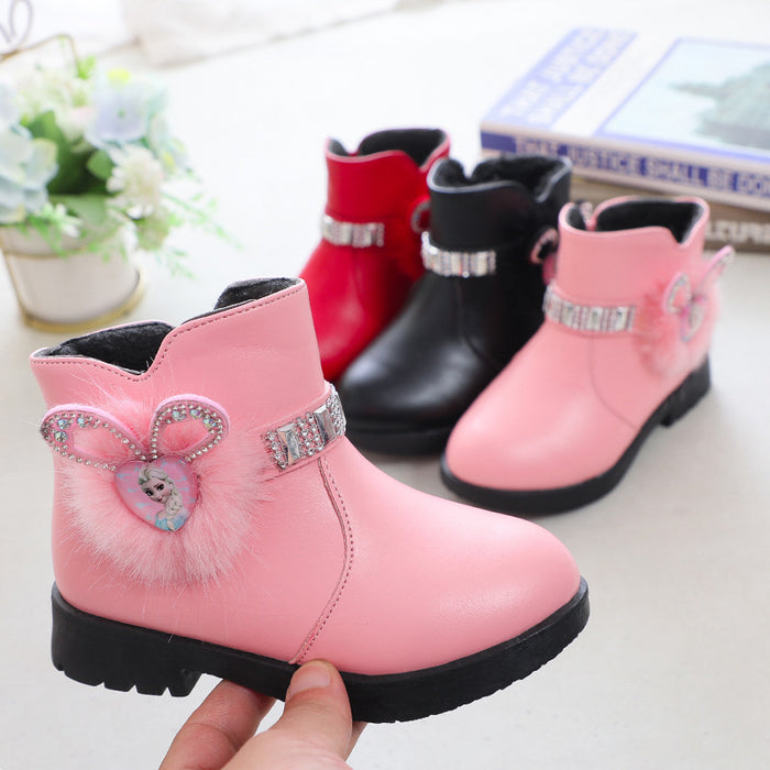 Wholesale A Pair/ Girls' Cotton Boots Mid-range Children's Fashionable Rabbit Ear Rhinestone Warm Shoes JDC-KS-SB004