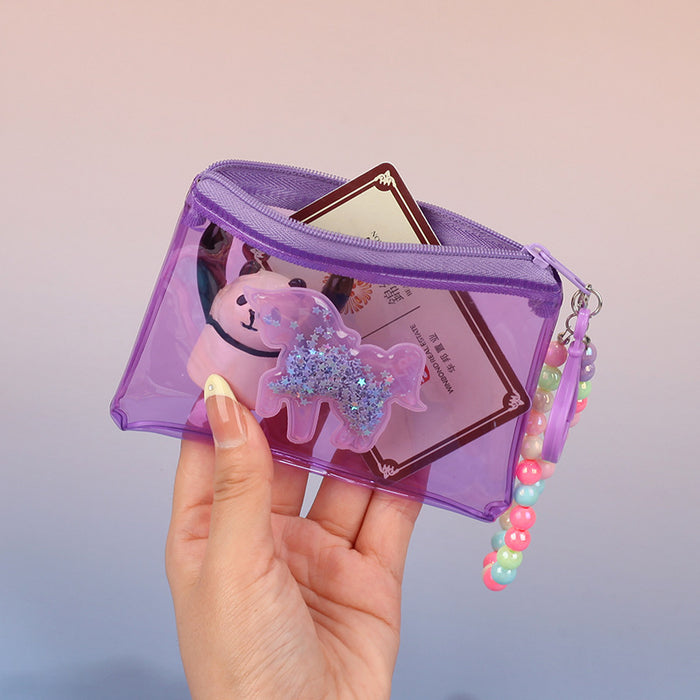 Wholesale Waterproof Unicorn PVC Transparent Card Bag With Quicksand Design Pink Bead Chain Coin Purse