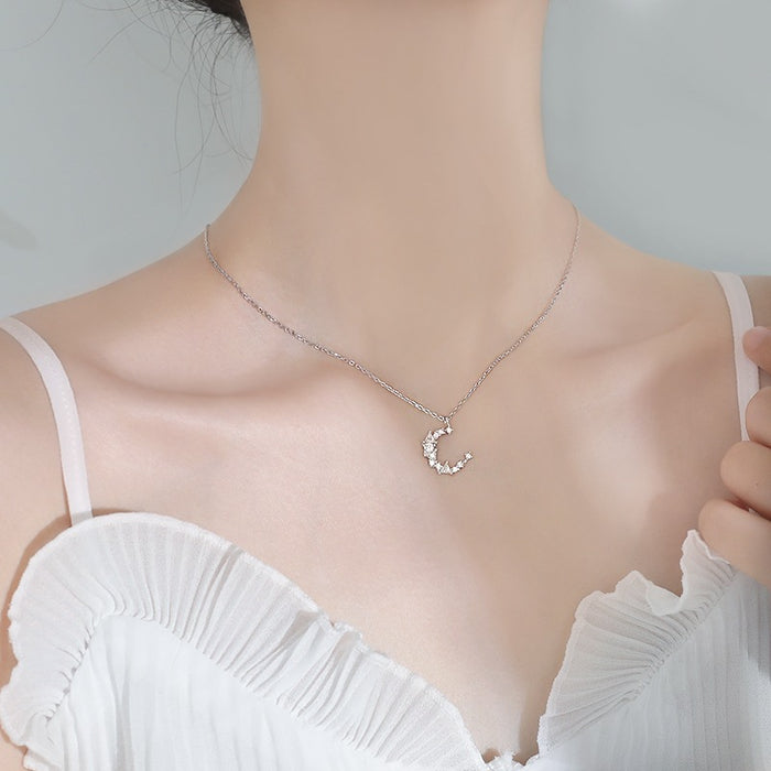 Wholesale diamond irregular crescent moon S925 silver necklace clavicle chain Joker gift