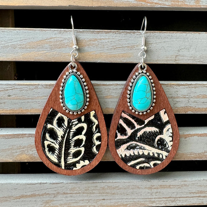 Wholesale Western genuine leather earrings classic horse hair leopard embossed cowhide water drop vintage earrings