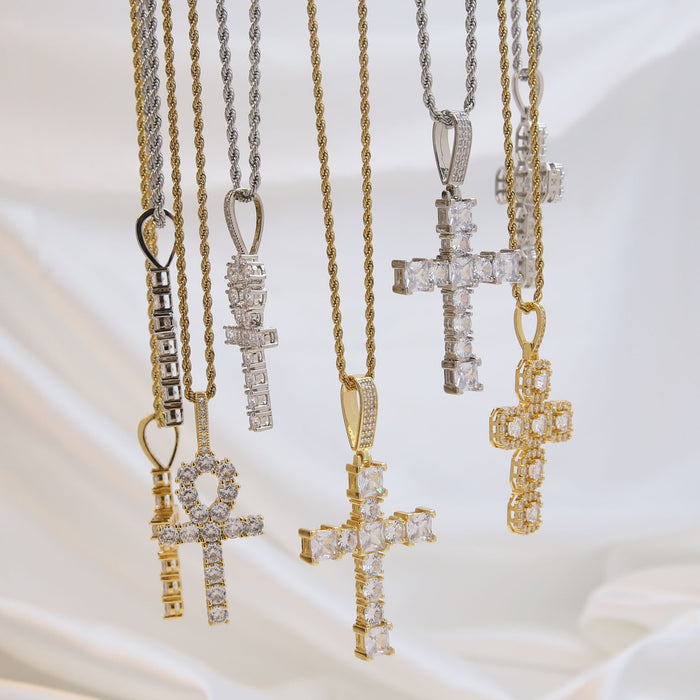 Wholesale 2PCS Brass Zircon Cross Pendant Necklace JDC-NE-BaiYi013