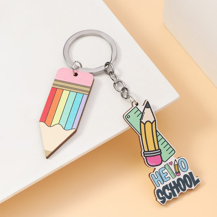 Wholesale Letter Teacher's Day Ruler Pencil Wooden Sign Keychain JDC-KC-RongRui038