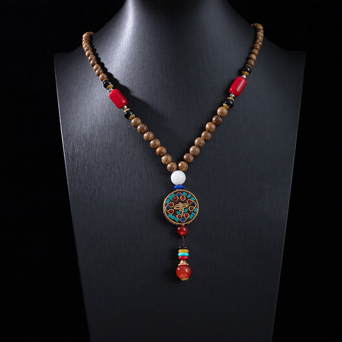 Wholesale Retro ethnic style long wooden sweater chain Bodhi pendant wooden bead necklace Tibetan cotton and linen pendant Buddhist beads necklace