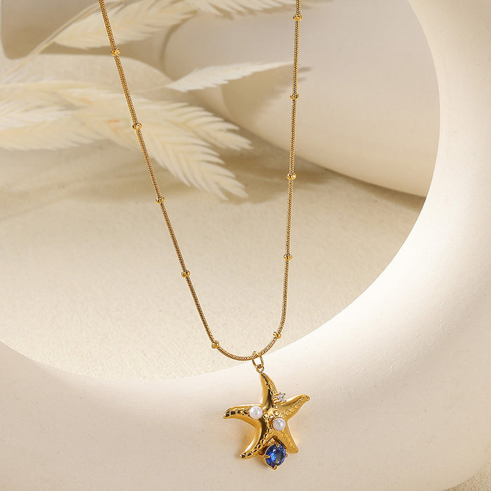 Wholesale Elegant Necklace Five-pointed Star Zircon Pearl Clavicle Chain  Titanium Steel