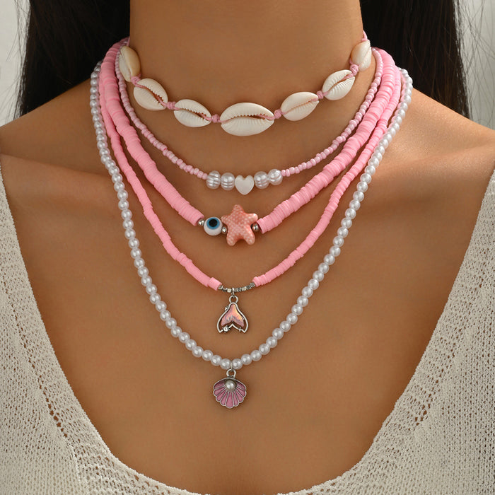 Wholesale Shell Necklace Pink Beads Starfish Pearl Multi-Layered Necklace for Women