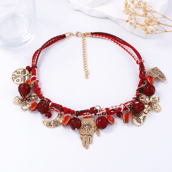 Wholesale Bohemian Ethnic Style three Strand Red Rope Necklace Alloy Pendant Necklace