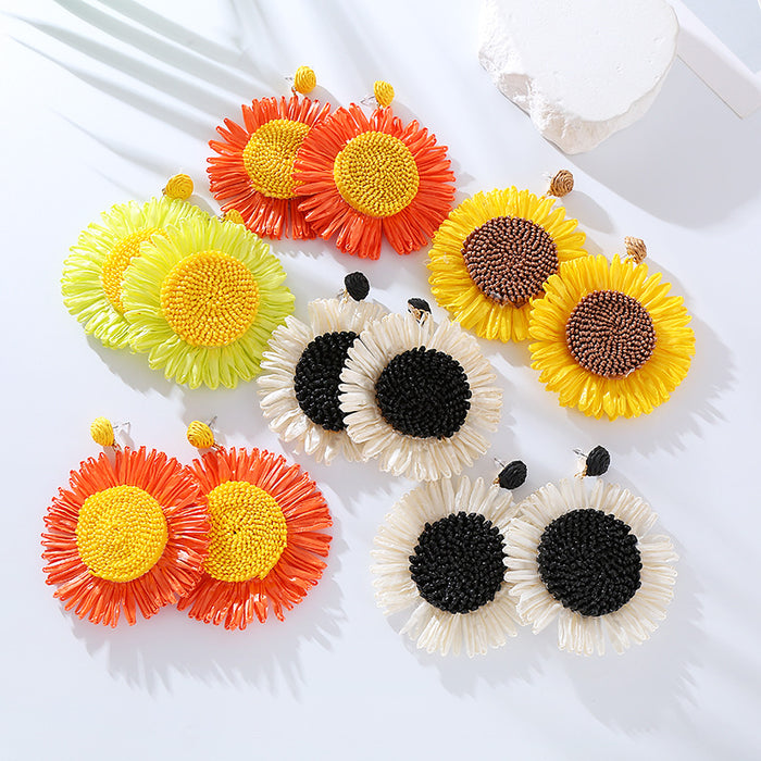 Wholesale Handmade Woven Raffia Sunflower Earrings JDC-ES-HM011