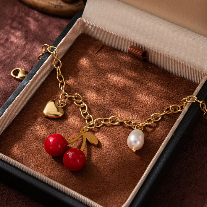 Wholesale Red Cherry Pendant Necklace Bracelet Earrings Titanium Steel set