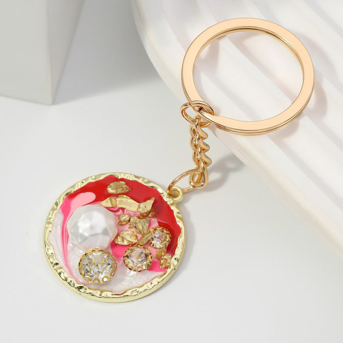 Wholesale Alloy Round Plate Inlaid Diamond Pearl Keychain JDC-KC-RongRui067