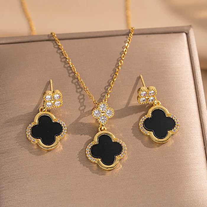 Wholesale Micro inlaid lucky grass necklace earring set, light luxury, personalized temperament, earrings and accessories combination