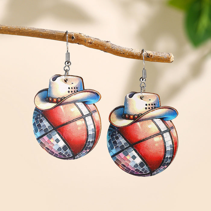 Wholesale Denim Hat Ball Wooden Pendant Earrings Rugby Football Volleyball Earrings Gifts