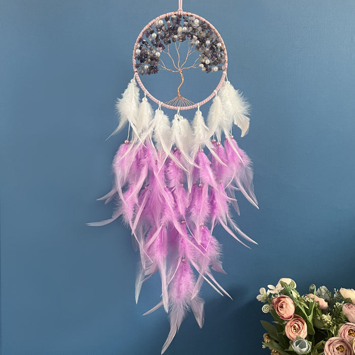Wholesale Iron Hoop Cotton Thread Feather Handmade Dreamcatcher with Crystal Stones Tree of Life MOQ≥2