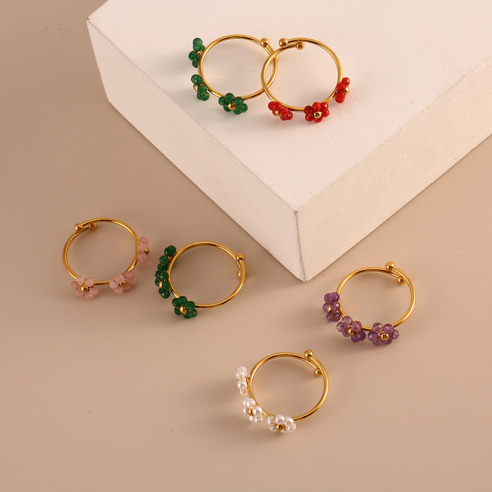 Wholesale Fashionable and minimalist stainless steel natural stone flower ring with niche design and three flower opening ring wholesale