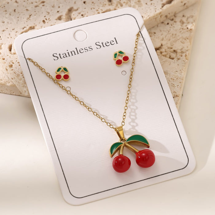 Wholesale Cherry pendant choker necklace stainless steel Earrings set