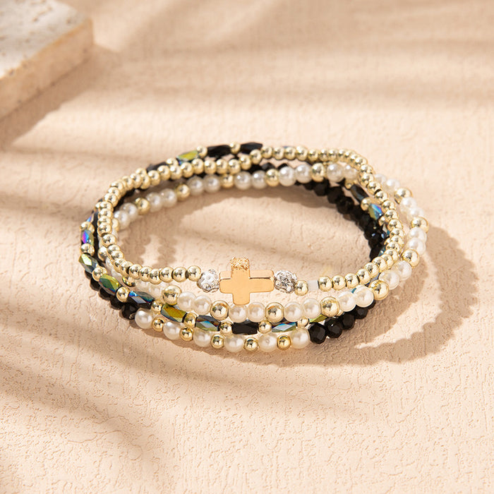 Wholesale Colorful Crystal Elastic Bracelets Ins Style Niche Stacked Cross Bracelet Set