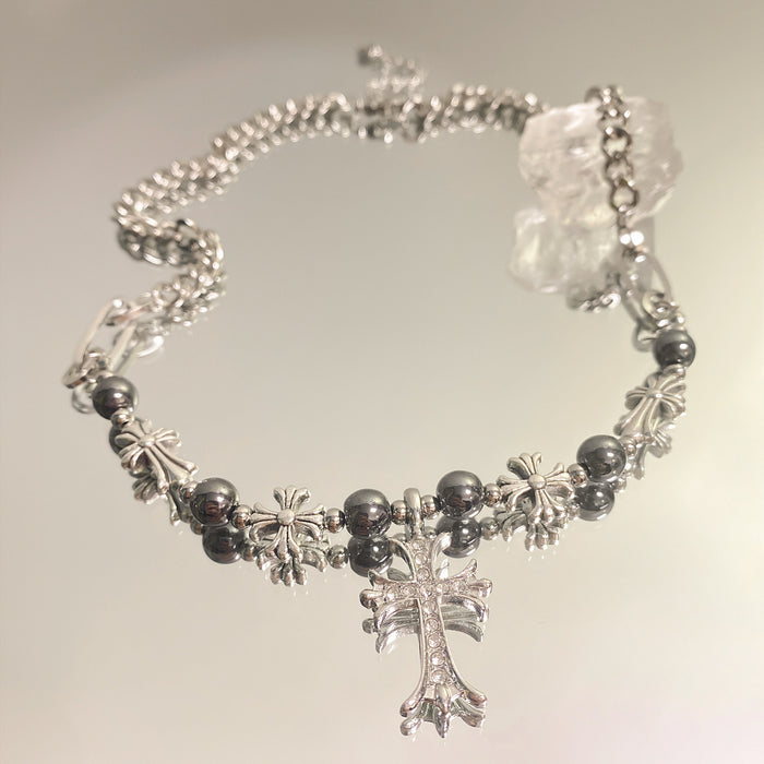 Wholesale Small niche design titanium steel zircon cross splicing necklace, sweet and versatile sweater chain