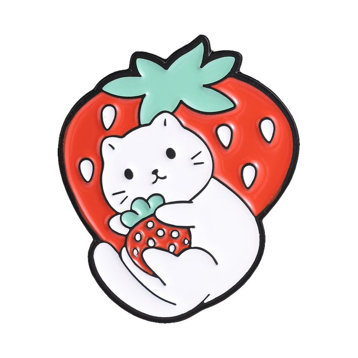 Wholesale Cute Cat Strawberry Fruit Metal Brooch Pin For Girls Holiday Gift