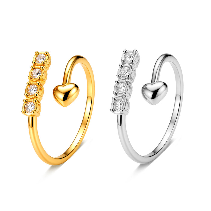 Wholesale Heart Rhinestone Open Adjustable Ring Stainless Steel Gold Plated Jewelry Accessory