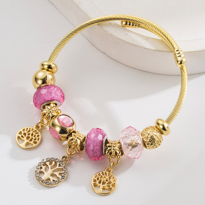 Wholesale Modern Tree Of Life Eiffel Tower Pendant Bracelet Pink Alloy Rhinestone Fashion Accessory Gift For Travel Souvenir