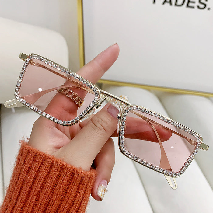 Wholesale New diamond studded small frame metal sunglasses, fashionable square frame sunglasses, high-end sunglasses