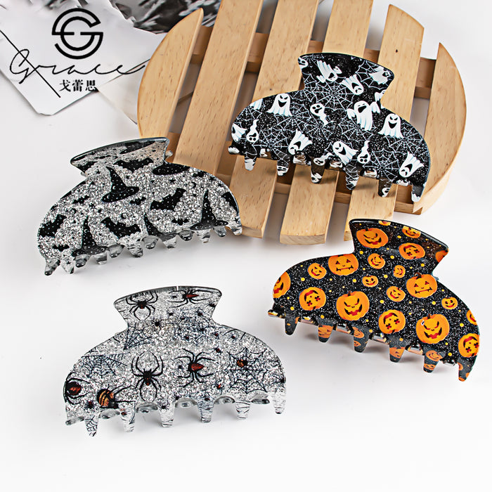 Wholesale Acrylic Claw Hair Clip With Bat Pumpkin Ghost Print Women S Fashion Accessory