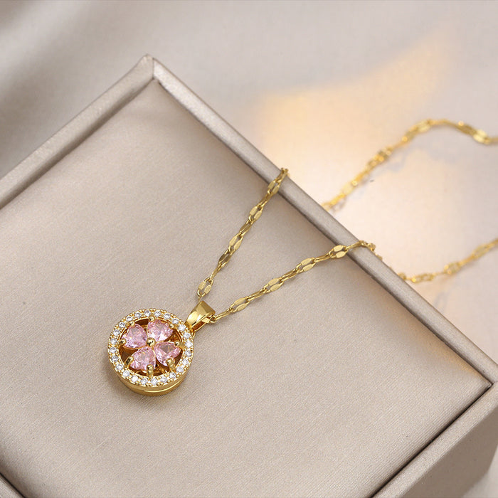 Wholesale Necklace micro inlaid zircon rotating pendant titanium steel necklace three piece set jewelry