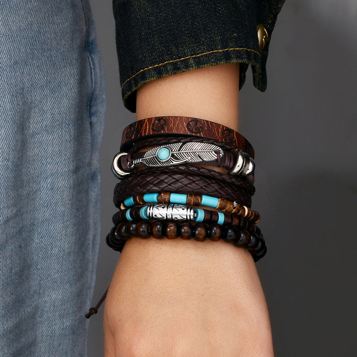Wholesale New Retro Style Wooden Bead Bead Bead Retro Flower Bull Head Eye Feather Multi Layer DIY 6-piece Set Men's Bracelet