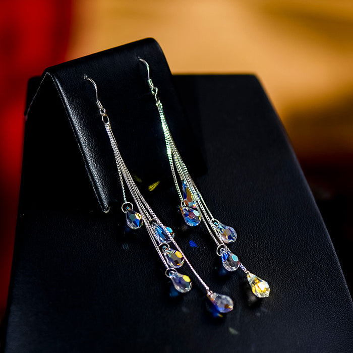 Wholesale Silver earrings, crystal earrings, long water droplet earrings, feminine charm